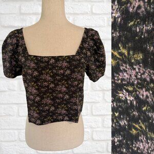 Madewell Size Small Square Neck Smocked Puff Short Sleeve Top Black Pattern